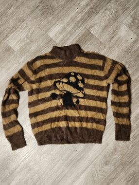 Womens HUF Brown & Tan Striped Fuzzy Sweater with Mushroom Motif